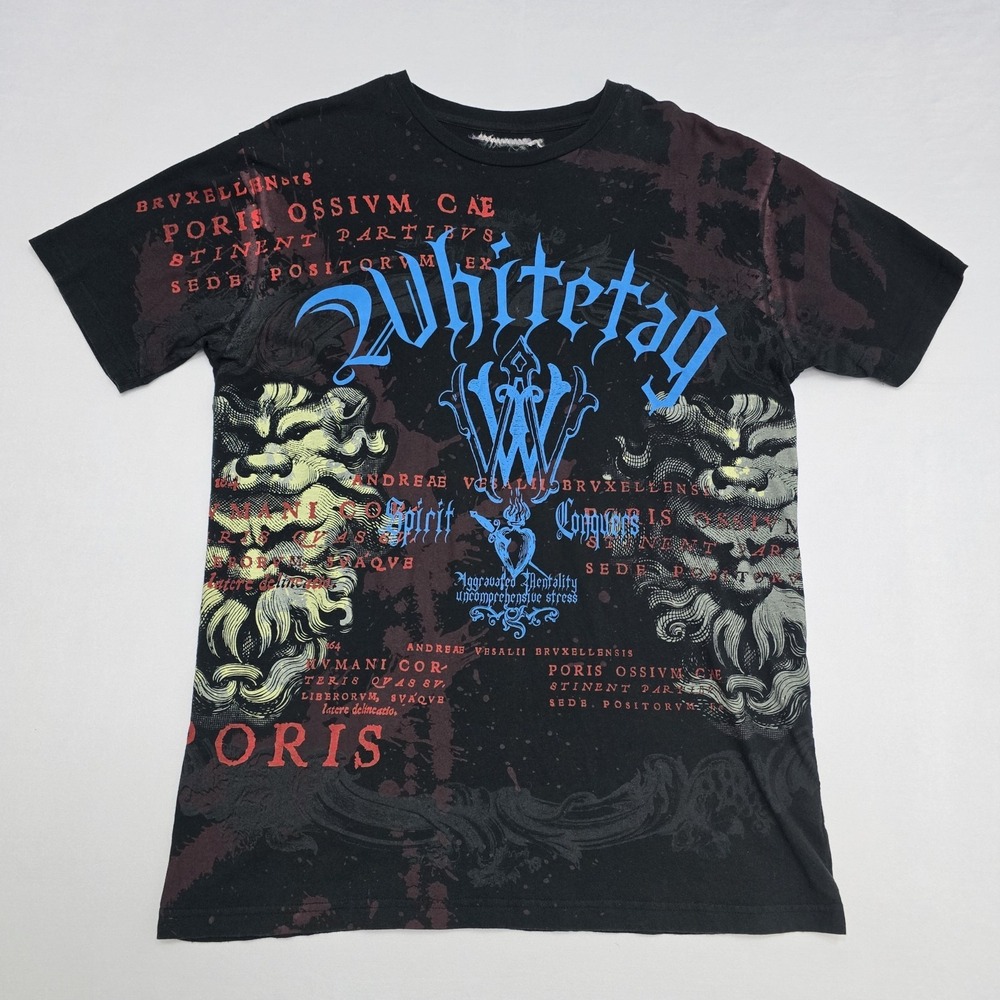 Whitetag Mens Graphic T-Shirt Black Lion Gothic Print Cotton Tee Large
